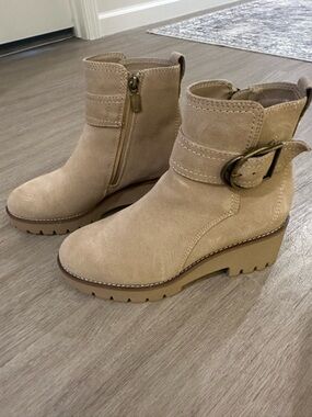 Blondo Beige Suede Buckle Ankle Booties